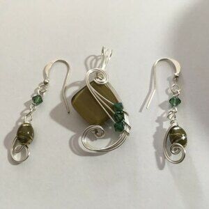 Olive Green Beaded and Silvertone Handmade Wire Wrapped Pendant And Earrings